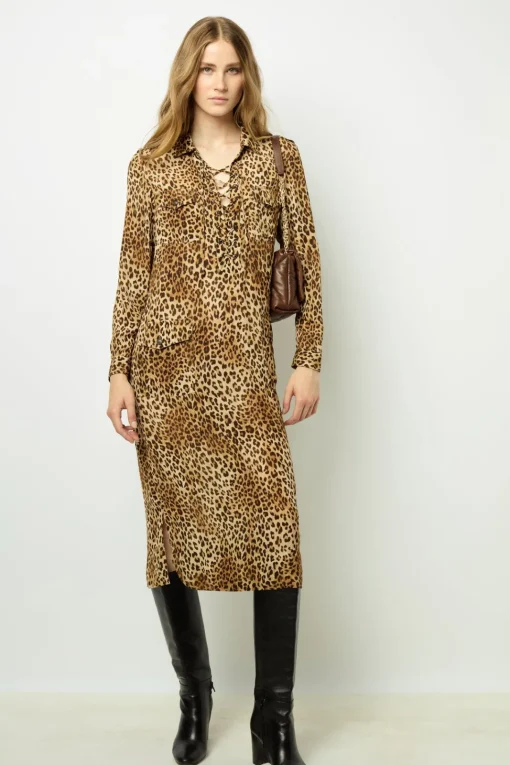 Sale Leopard Print Maxi Dress with Lace-Up Detail - SIRENA Dresses