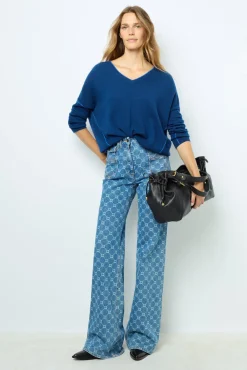Outlet V-neck cashmere sweater with colored seams - LYME Knitwear