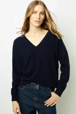 Fashion V-neck sweater with rhinestone - JOHANNE Knitwear